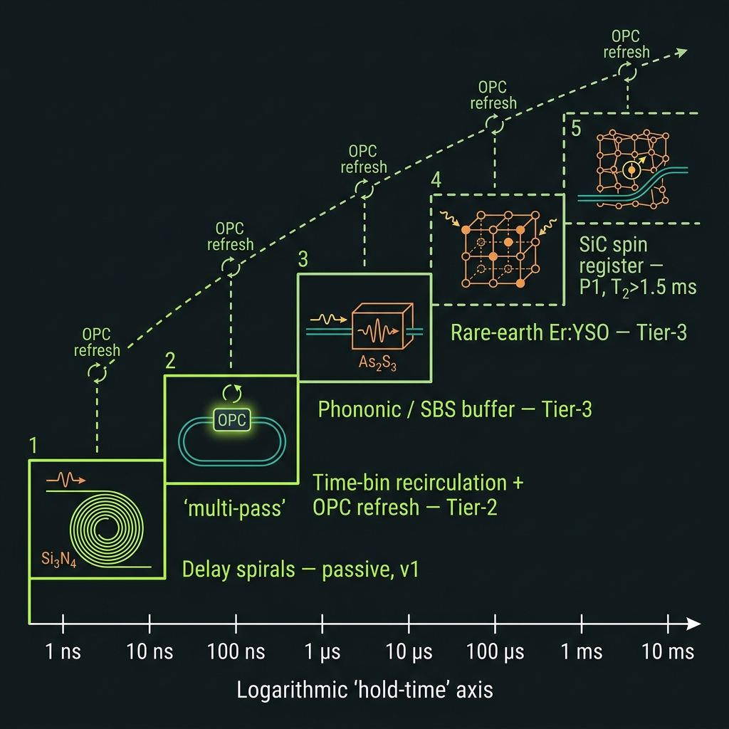 Memory hierarchy ladder from delay spirals to SiC spin registers