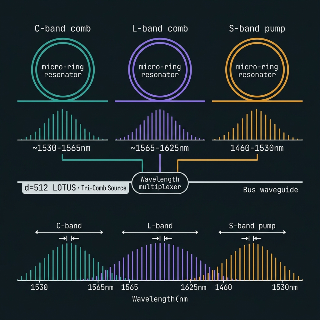 LOTUS S+C+L tri-band soliton comb architecture