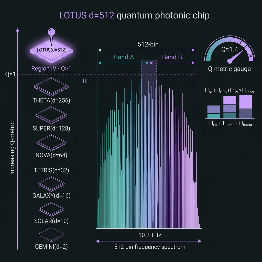 LOTUS d=512 hero: chip ladder GEMINI to LOTUS with Region IV violet band, 512-bin spectrum, Q-metric gauge