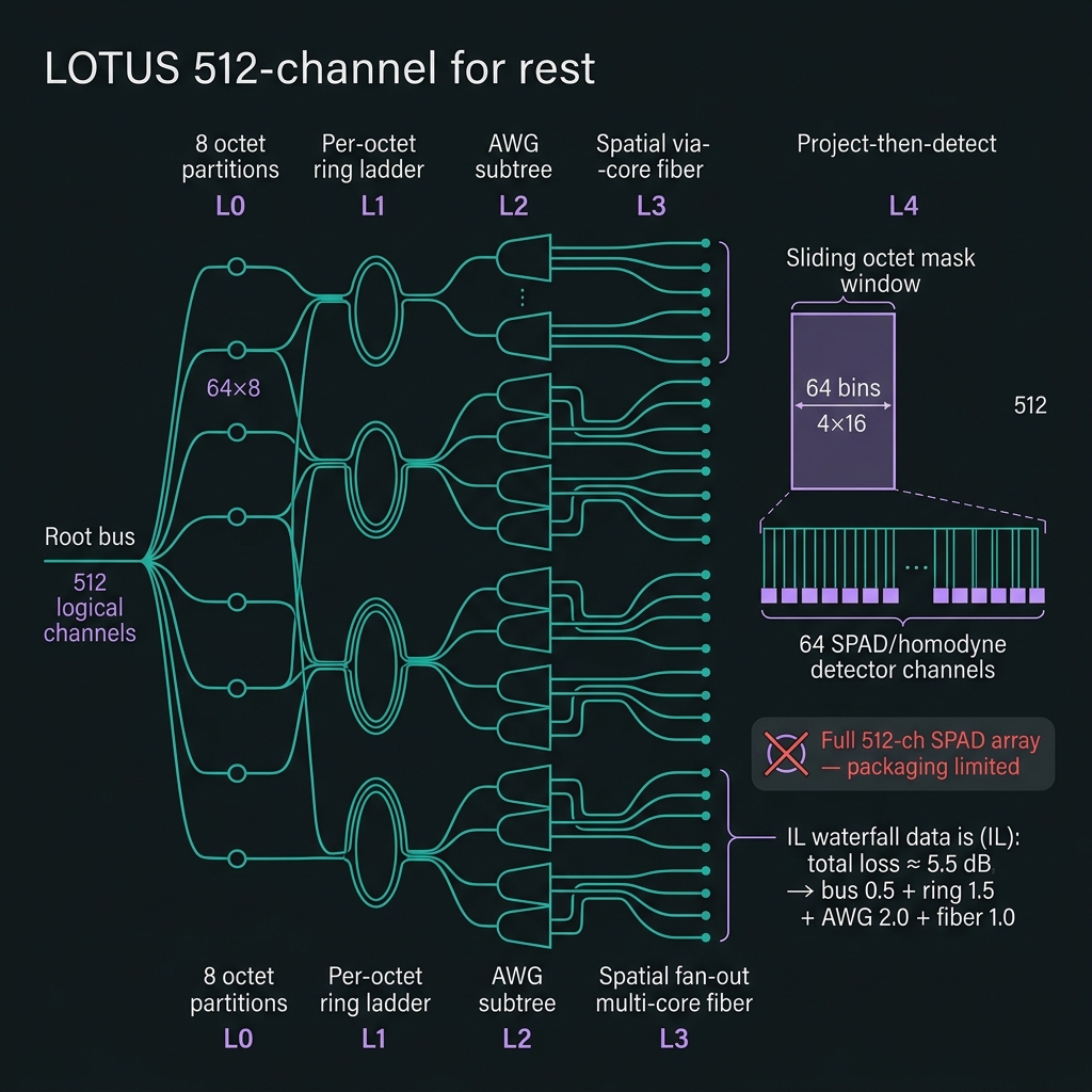 LOTUS 512-channel hierarchical routing forest with project-then-detect and IL waterfall