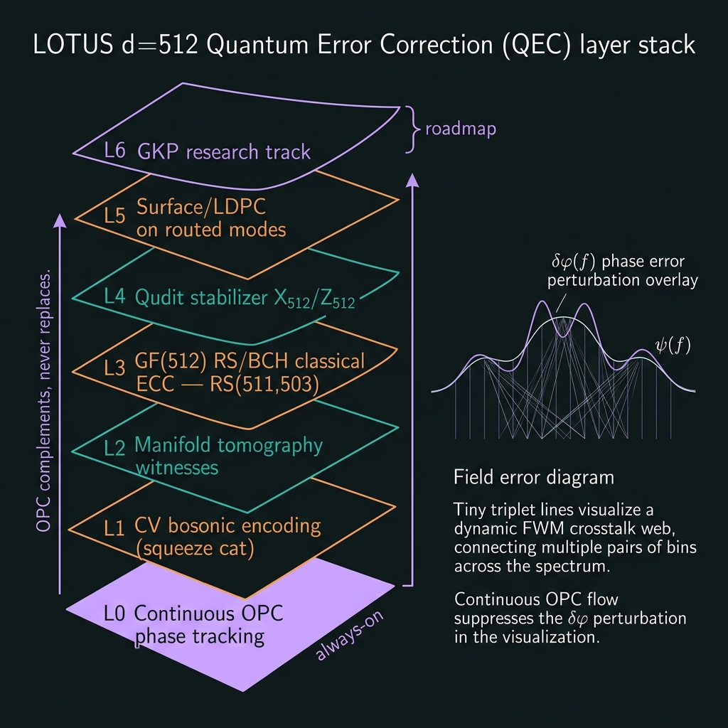 LOTUS QEC layer stack L0-L6 with field error visualization and FWM crosstalk web