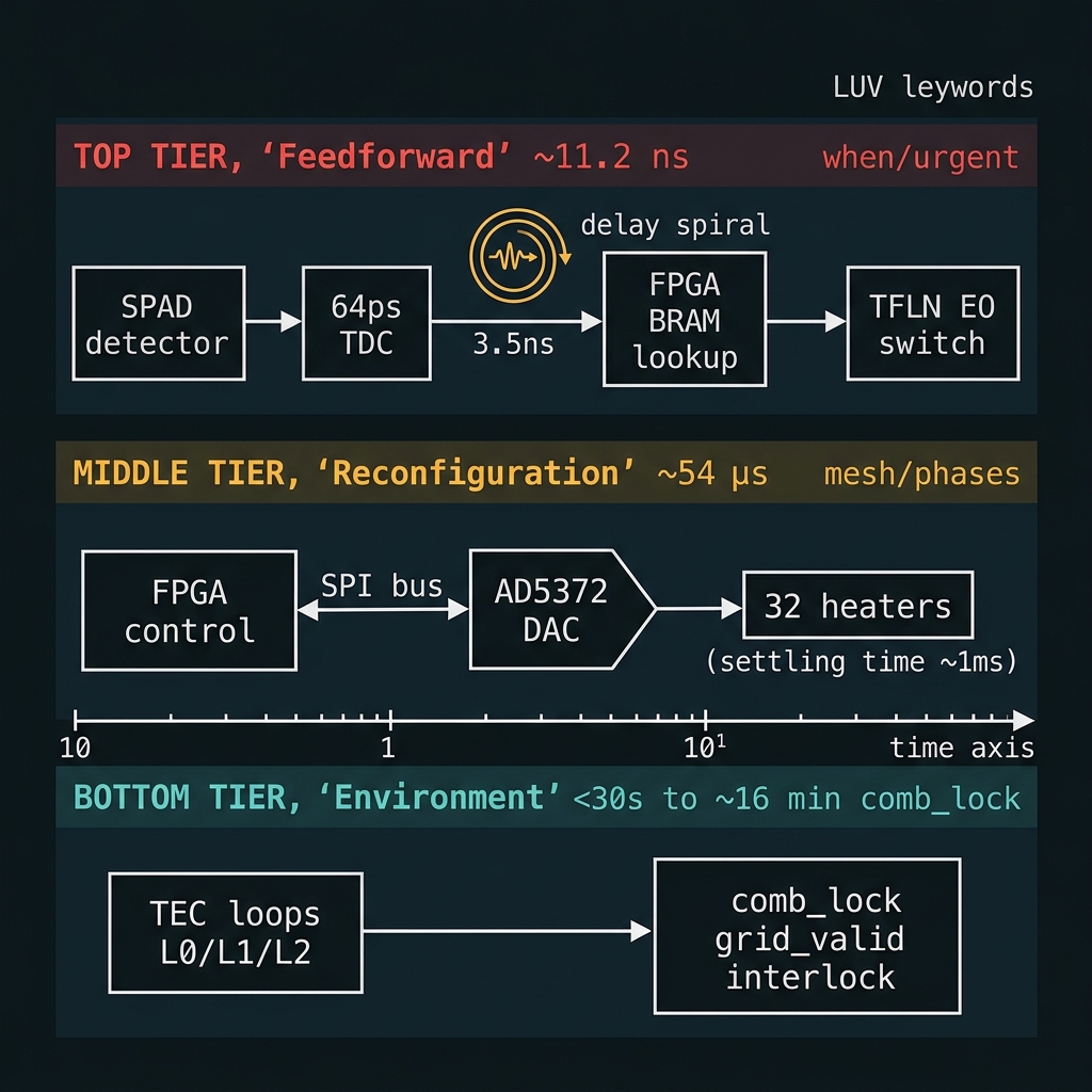 Three-tier FPGA timing architecture: feedforward 11.2ns, reconfiguration 54µs, environment 30s-16min
