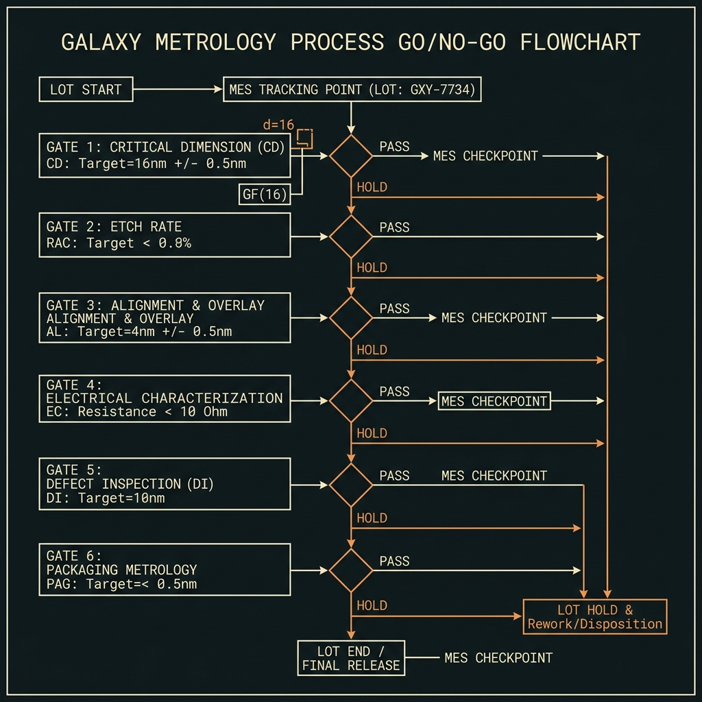 GALAXY Metrology go/no-go gates — GF(16)=GF(2⁴), d=16, 50 GHz comb