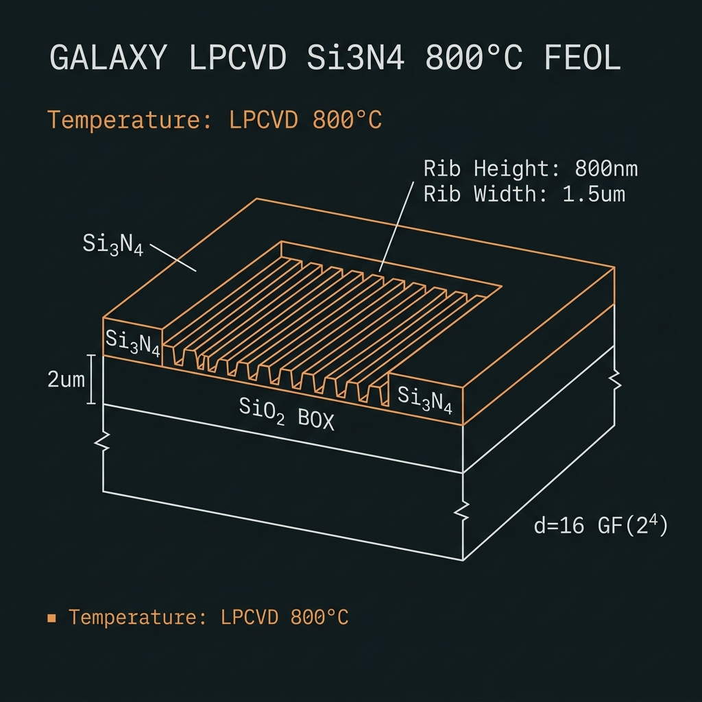 GALAXY Substrate & LPCVD Si₃N₄ — GF(16)=GF(2⁴), d=16, 50 GHz comb