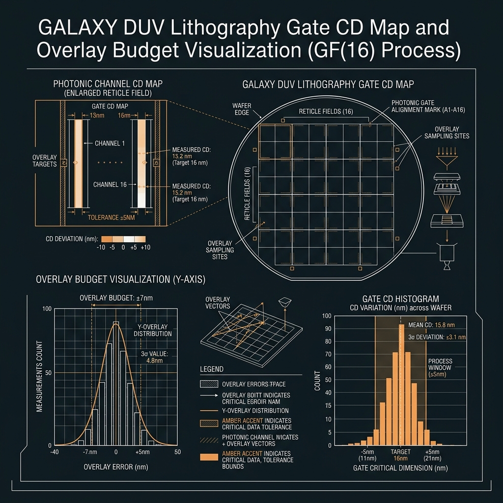 GALAXY Lithography & gate patterning — GF(16)=GF(2⁴), d=16, 50 GHz comb