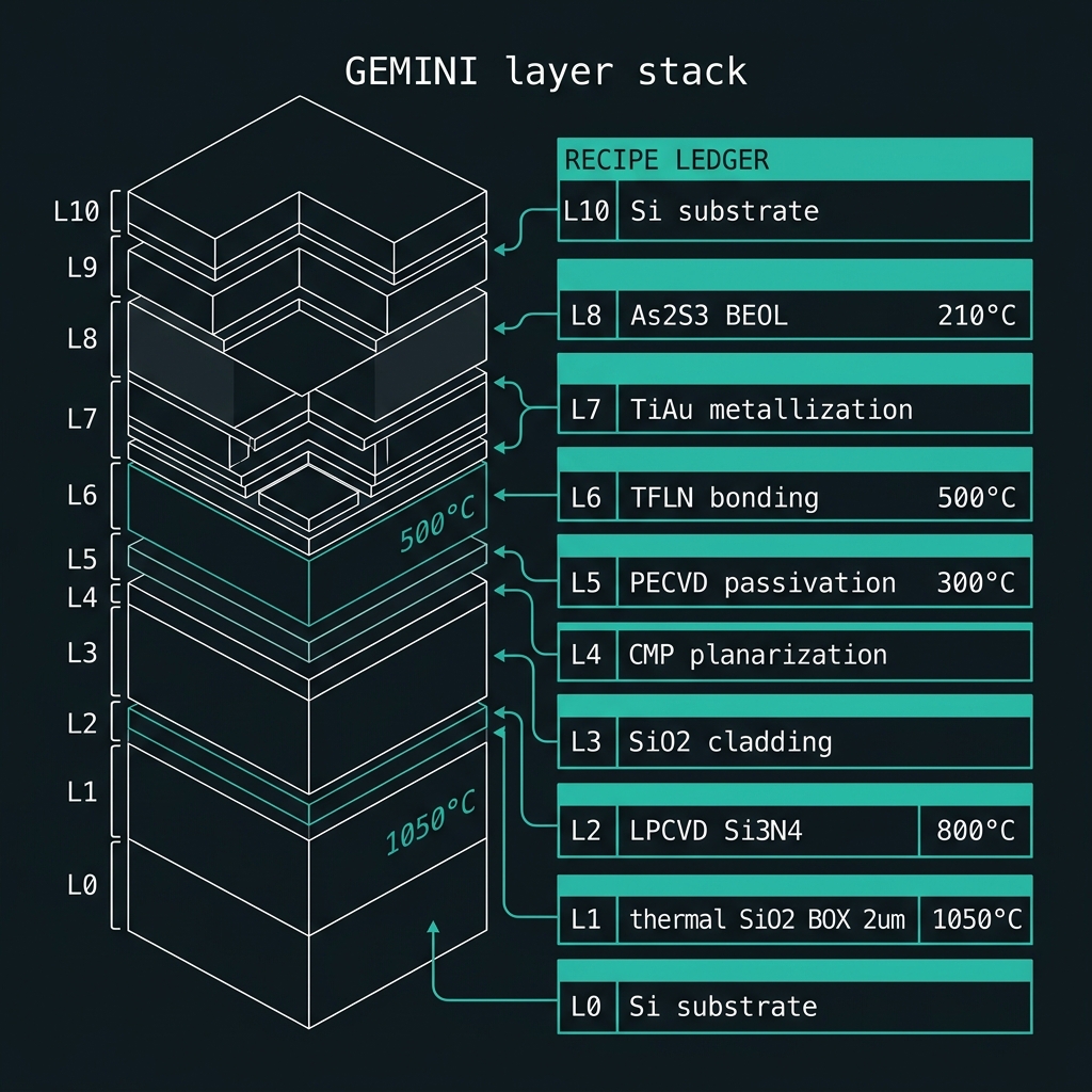 GEMINI Layer-stack recipe ledger — dual-rail path qubit, d=2, — comb