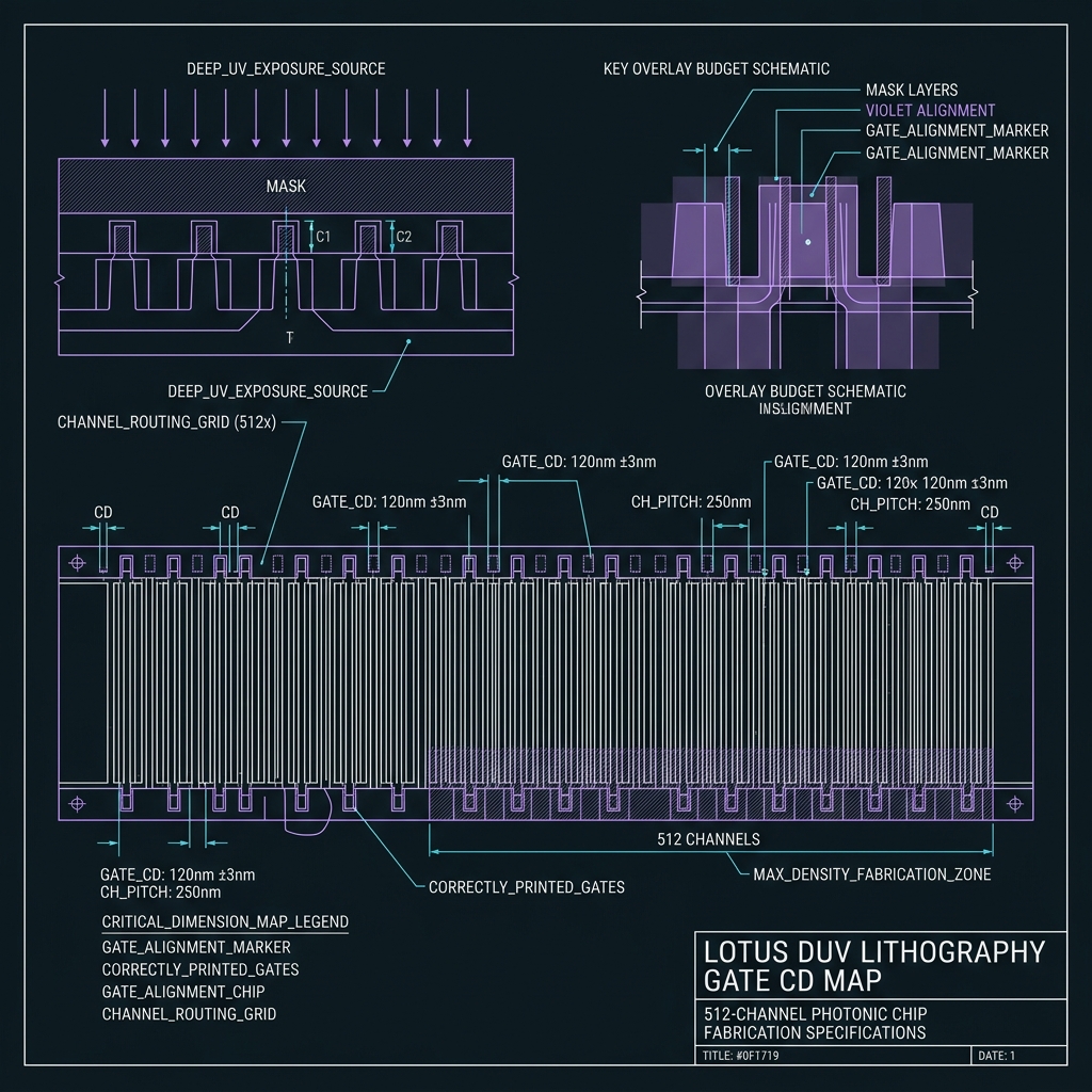 LOTUS Lithography & gate patterning — GF(512)=GF(2⁹), d=512, 20 GHz comb