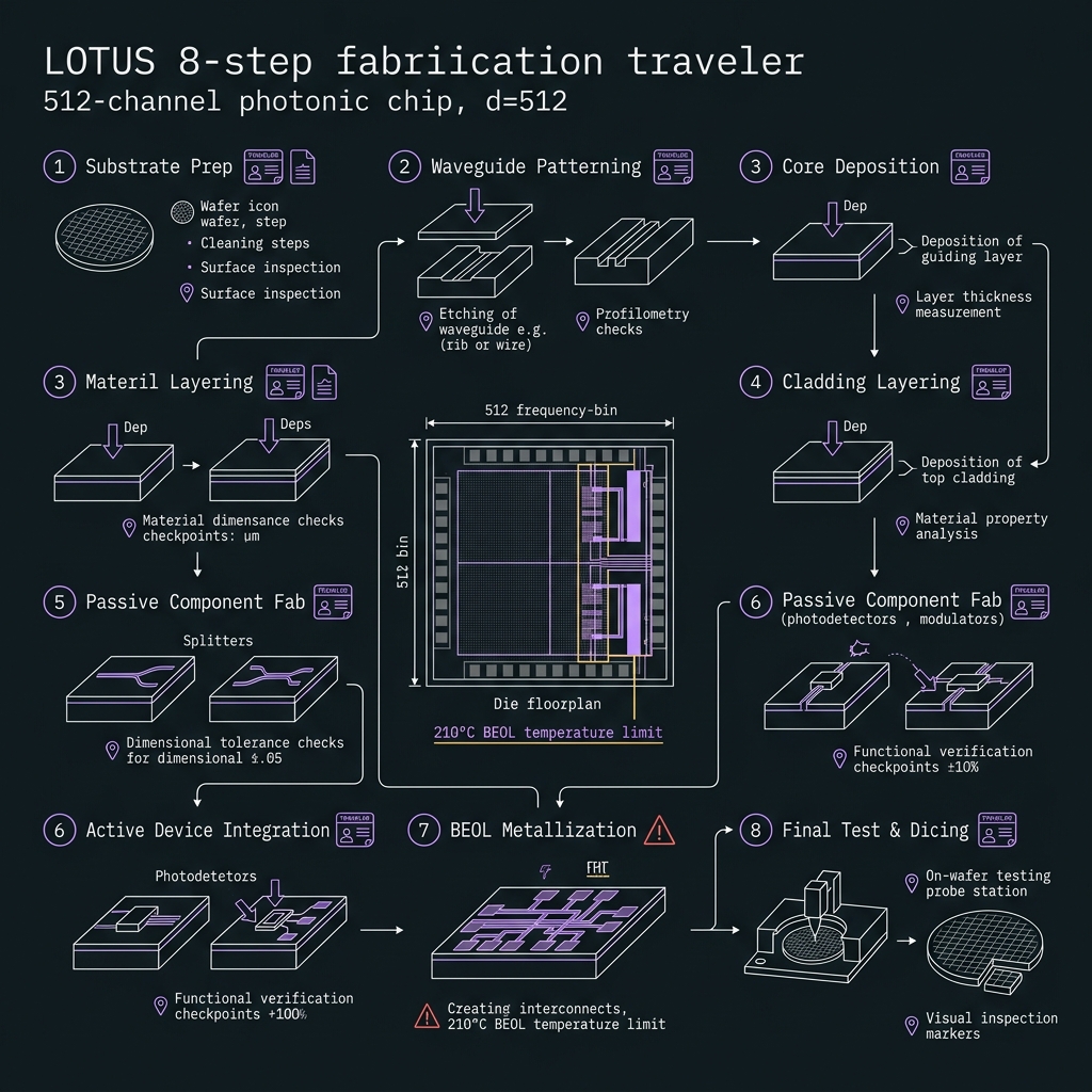 LOTUS Eight-step process traveler hero — GF(512)=GF(2⁹), d=512, 20 GHz comb
