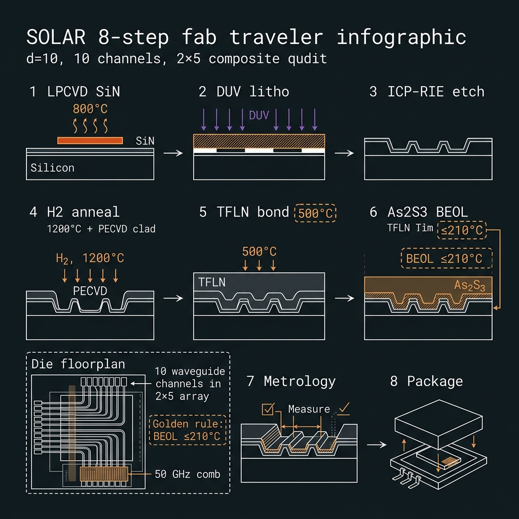 SOLAR Eight-step process traveler hero — 2×5 composite qudit ℤ₁₀, d=10, 50 GHz comb