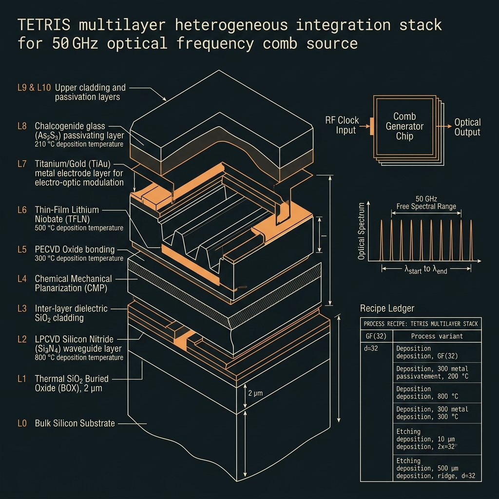 TETRIS Layer-stack recipe ledger — GF(32)=GF(2⁵), d=32, 50 GHz comb