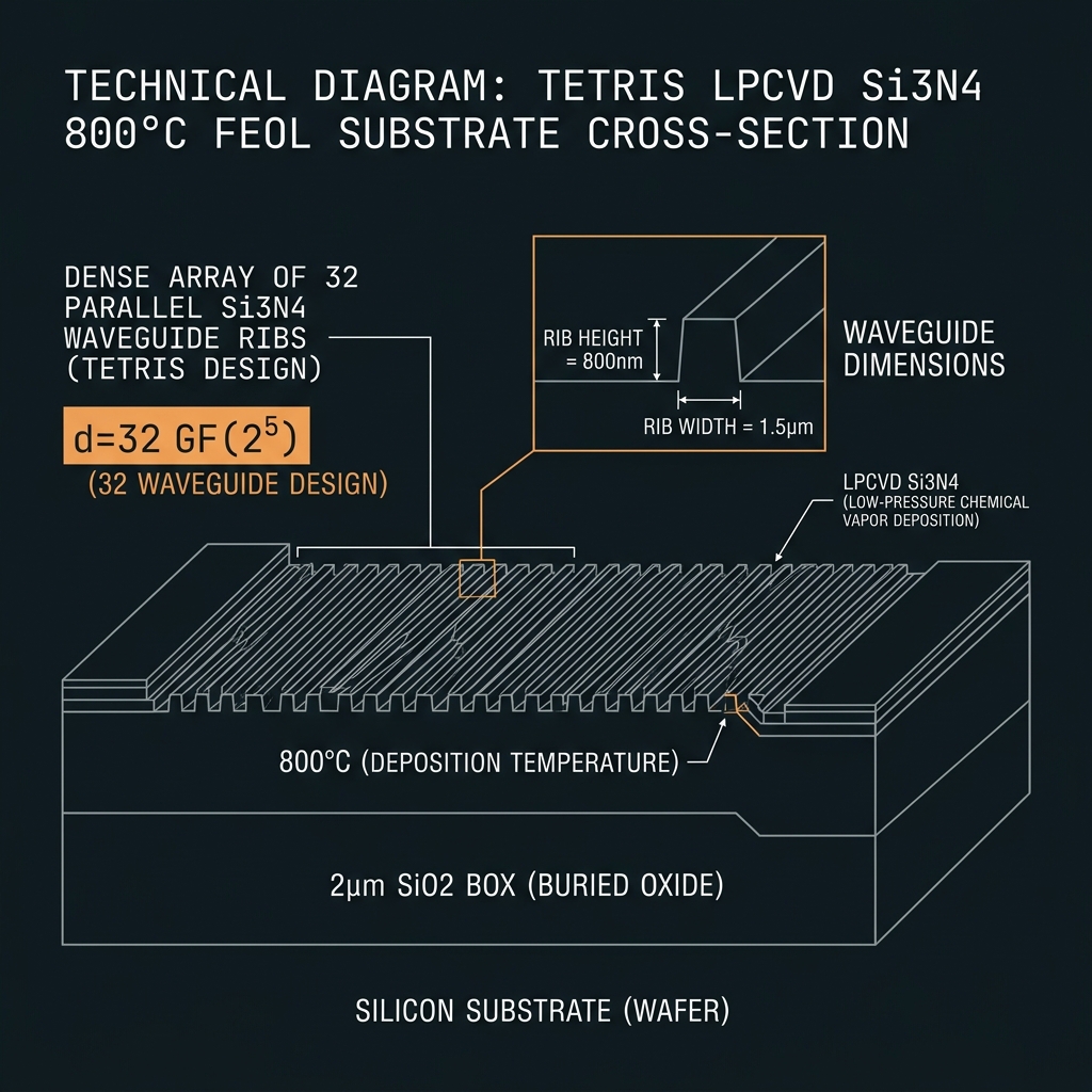 TETRIS Substrate & LPCVD Si₃N₄ — GF(32)=GF(2⁵), d=32, 50 GHz comb