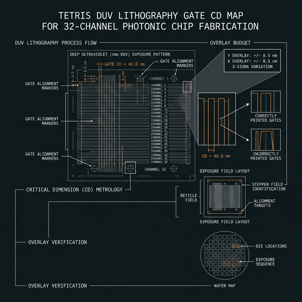 TETRIS Lithography & gate patterning — GF(32)=GF(2⁵), d=32, 50 GHz comb