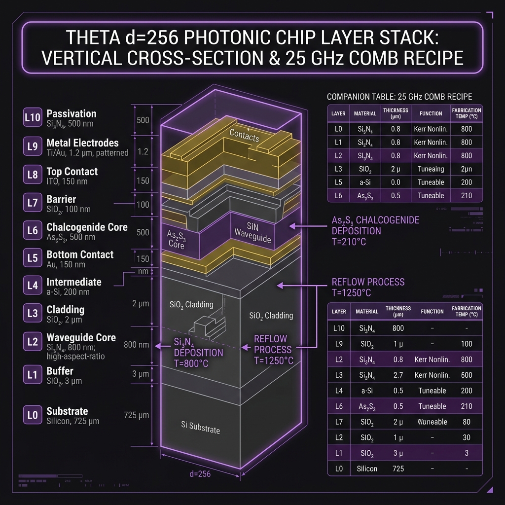 THETA Layer-stack recipe ledger — GF(256)=GF(2⁸), d=256, 25 GHz comb