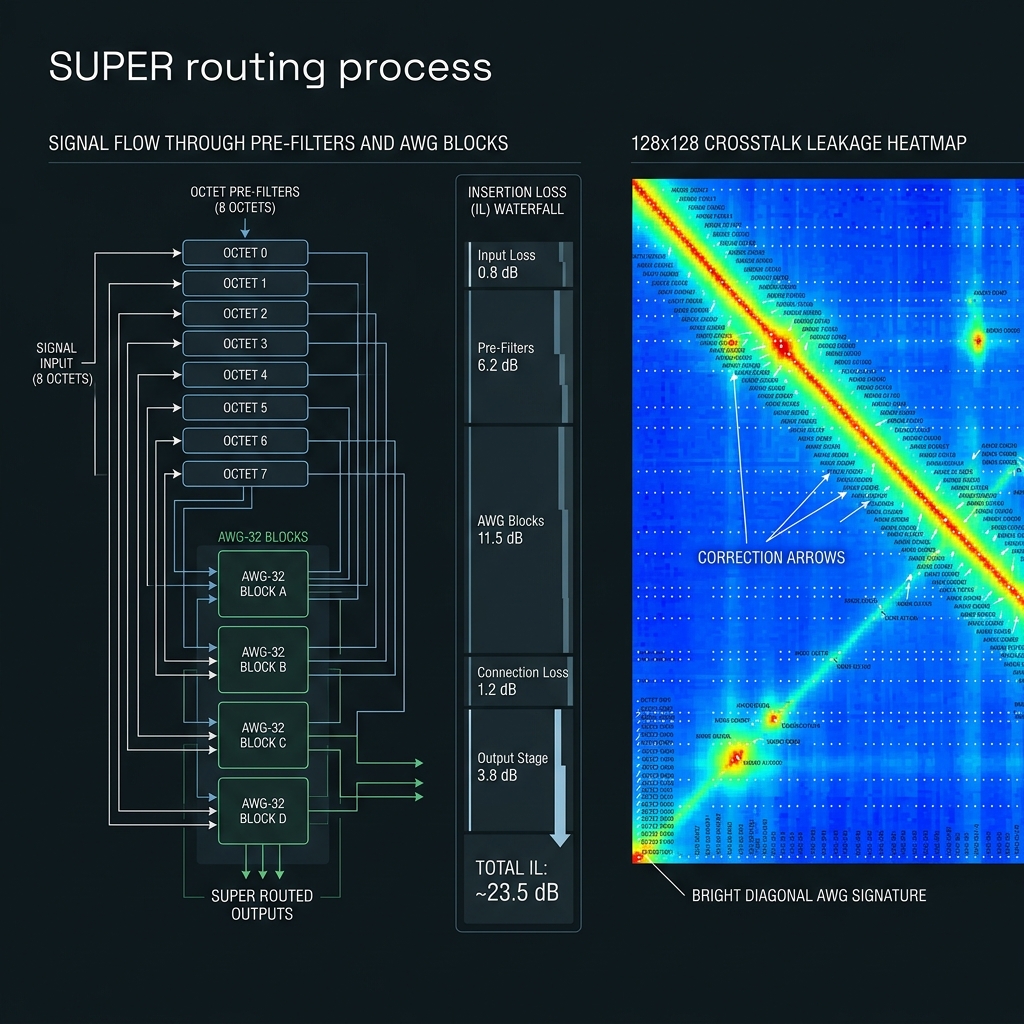 SUPER 128-channel AWG routing tree and crosstalk heatmap