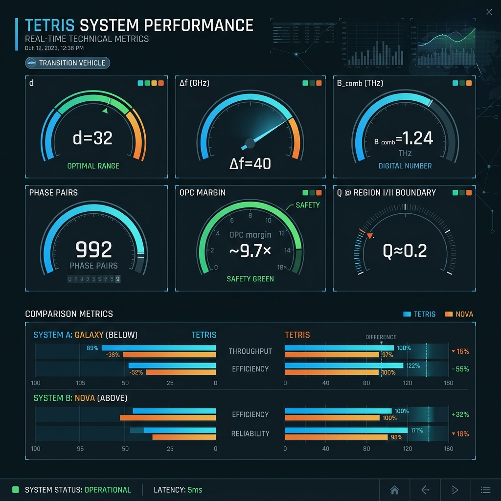 TETRIS stress-test dashboard — OPC bandwidth, AWG resolution limit, 992 phase pairs, ~32k FWM pathways