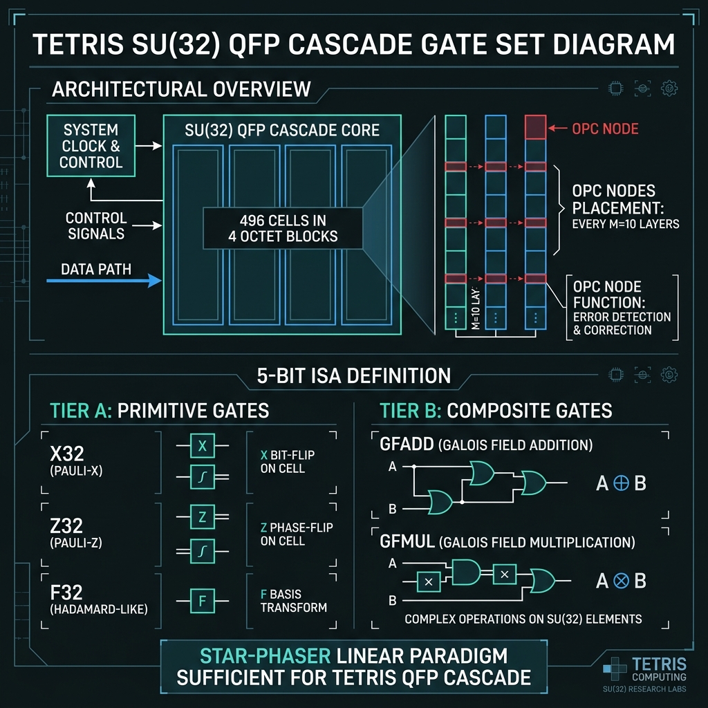 TETRIS SU(32) Reck mesh with 496 QFP cells and limiting-factor waterfall chart