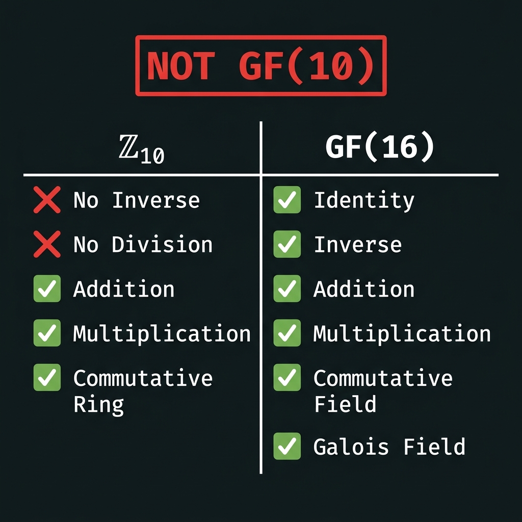 Algebra comparison ℤ₁₀ ring vs GF(16) field