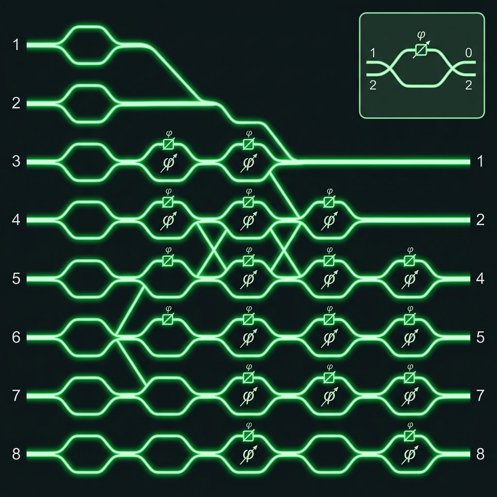8-mode Clements mesh with dual-rail SU(2) program and Type-II fusion