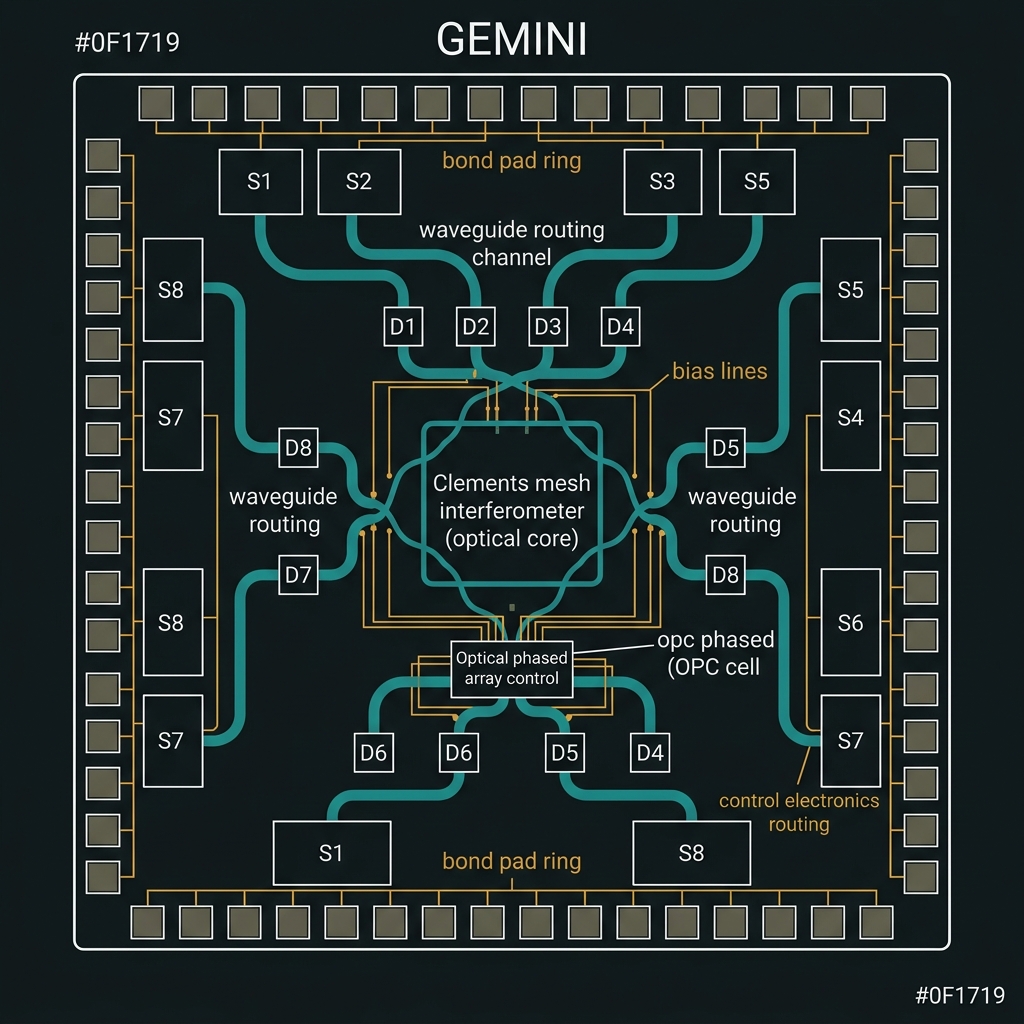 GEMINI chip routing floorplan with mux tree and MZI mesh