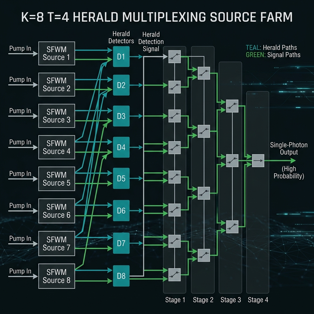 Eight SFWM rings with K=8 herald mux tree
