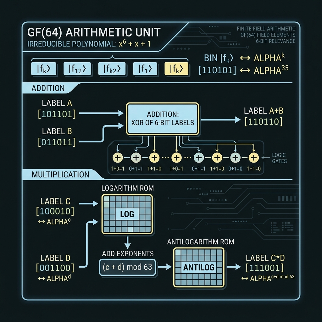 GF(64) arithmetic unit XOR and log-multiply