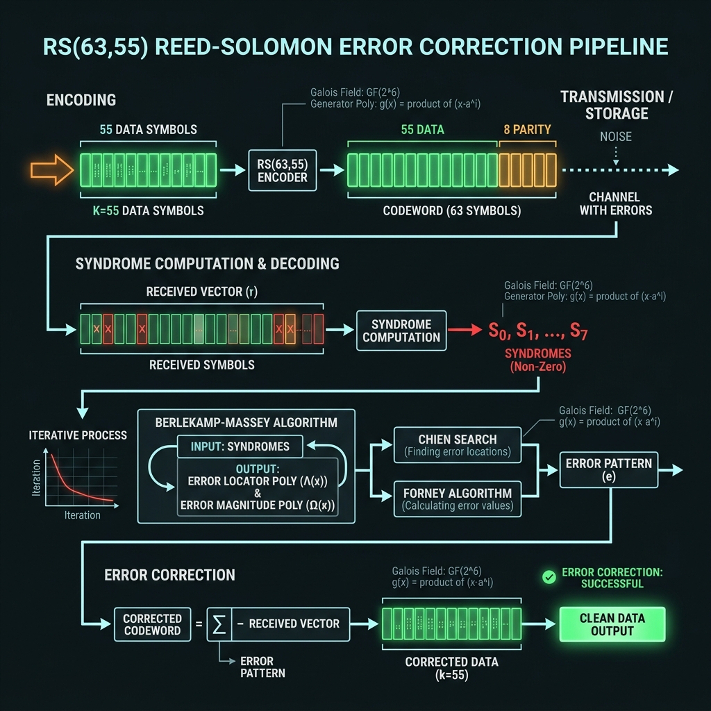 RS(63,55) encode syndrome decode pipeline
