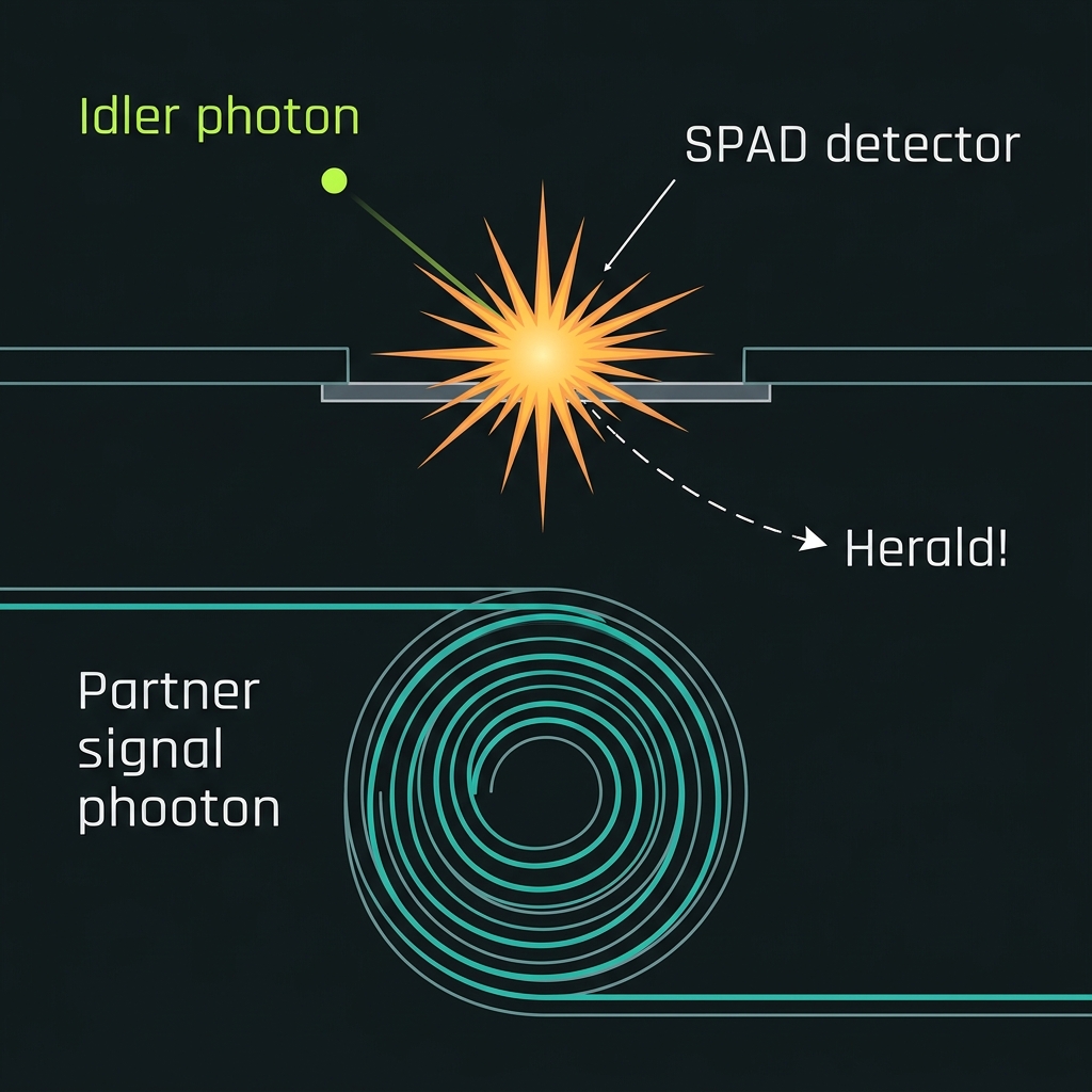 SPAD detecting an idler photon while the signal photon waits in a delay spiral