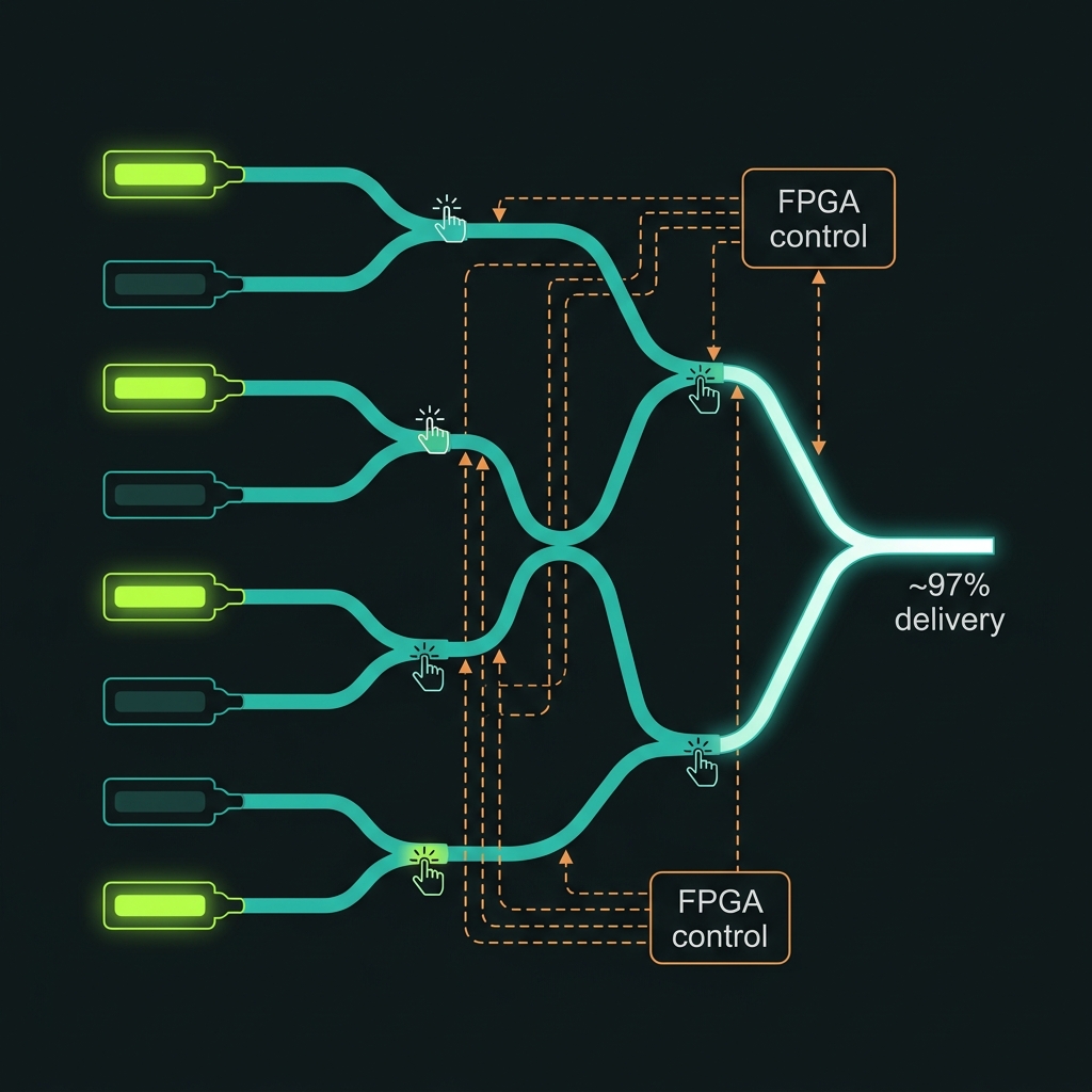 Eight parallel single-photon sources funnelling through a binary switch tree