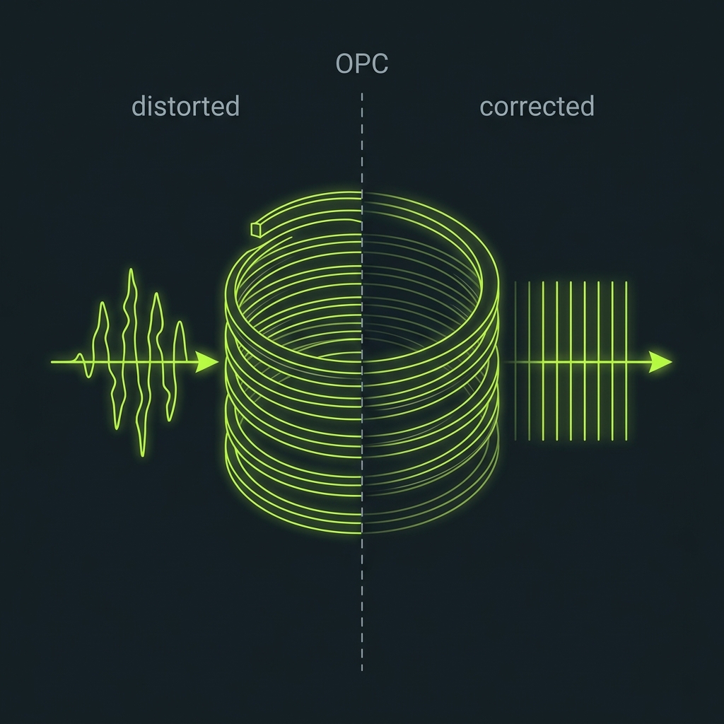 Optical phase conjugation module flattening a distorted wavefront