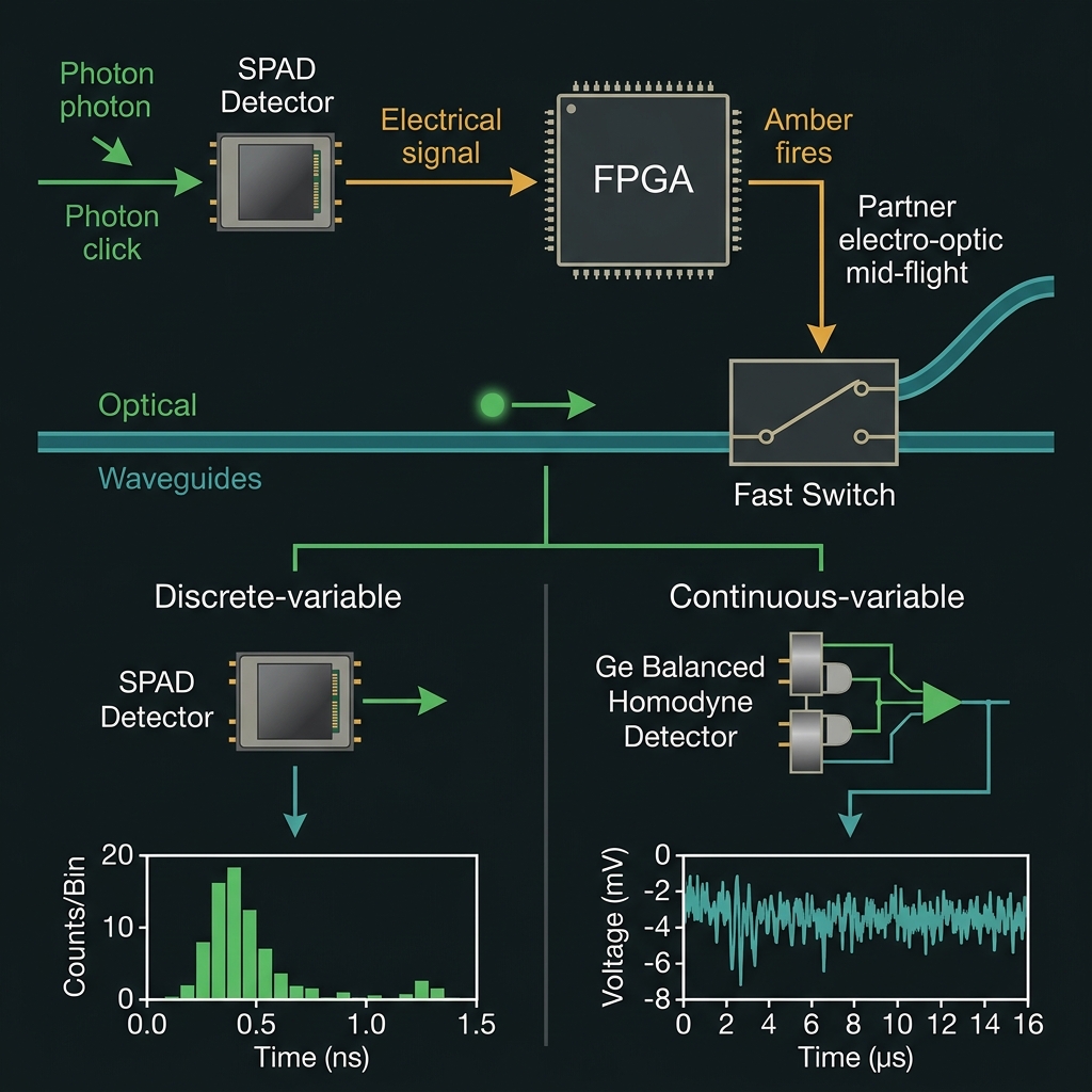 FPGA feed-forward firing a switch to steer a partner photon, with SPAD and homodyne readout